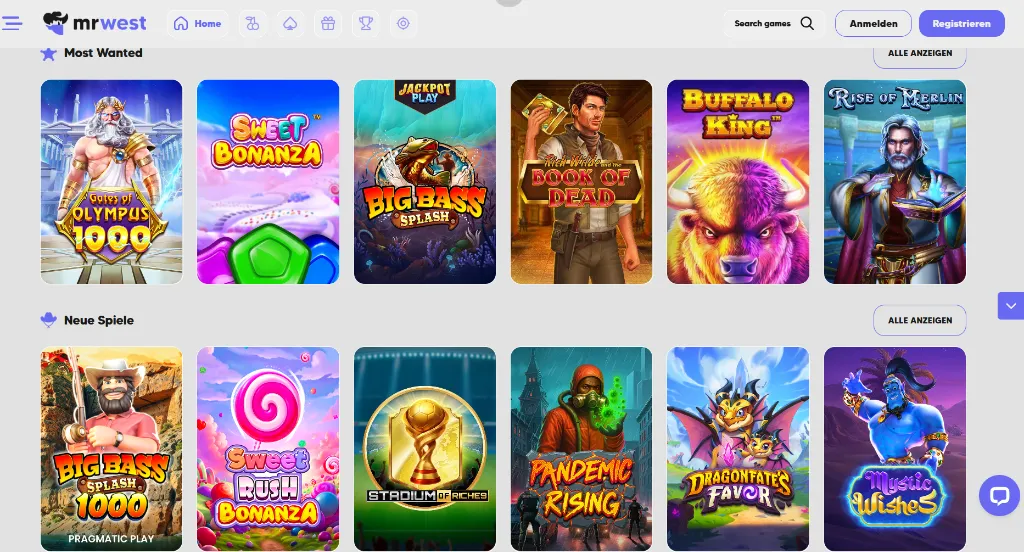 MrWest Casino Spielelobby mit beliebten Slots und neuen Spielen